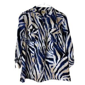 JM Collection 12 petite women's button down, 3/4 sleeve shirt blue/cream linen